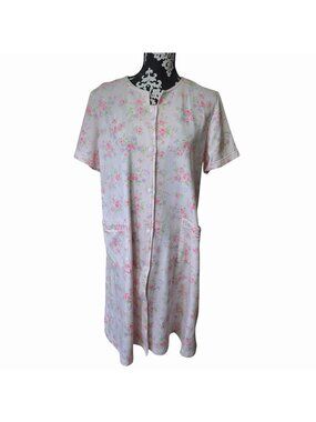Miss Elaine Medium Floral Snap Front Housedress Gown Lounge Pink Cottage Core